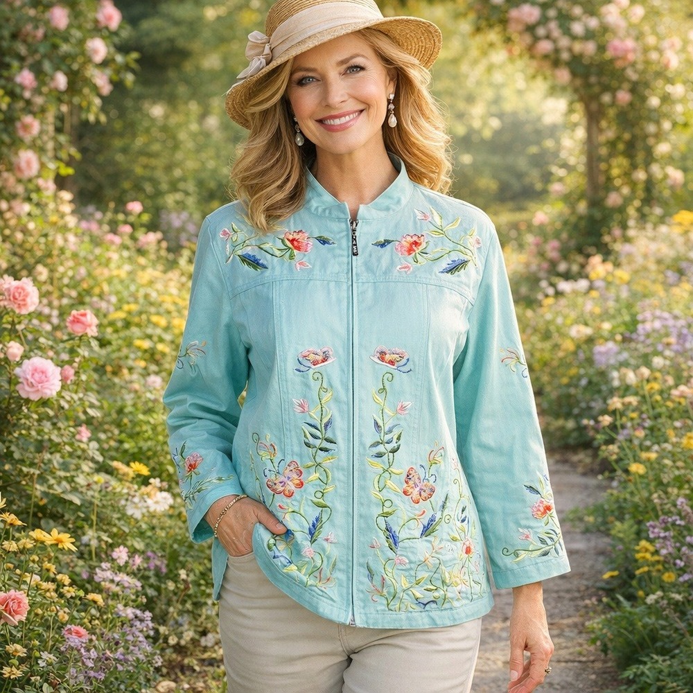Quacker Factory Jacket Large L Aqua Blue Embroidered Butterfly Floral Beaded Zip